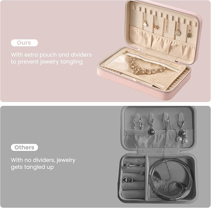 Lolalet Travel Jewelry Case for Women Girls, Travel Jewelry Organizer Box with Mirror & Clear Storage Bag, Small Portable Earring Necklace Bracelet Ring Case, Birthday Christmas Gifts -Large, Pink