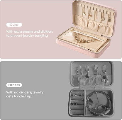 Lolalet Travel Jewelry Case for Women Girls, Travel Jewelry Organizer Box with Mirror & Clear Storage Bag, Small Portable Earring Necklace Bracelet Ring Case, Birthday Christmas Gifts -Large, Pink