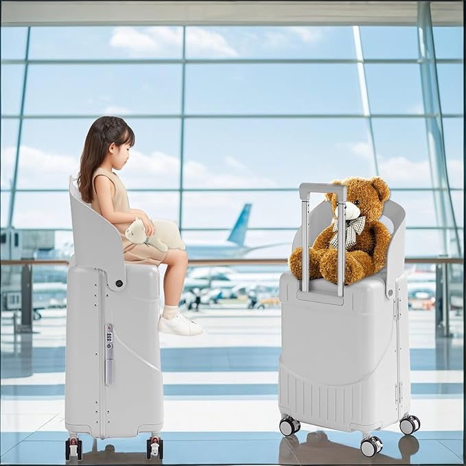20'' Luggage with Child Seat, Ride On Suitcase with Shockproof Silent Spinner Wheels, TSA Lock, Carry On Luggage with Foldable Backrest, Bag Hook for Kids.