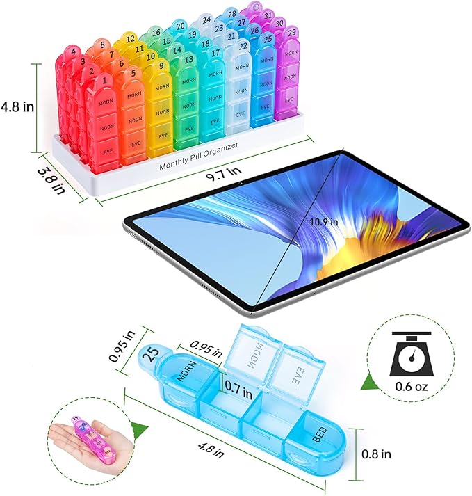 Odaro Monthly Pill Organizer 4 Times a Day, 30 Day Pill Organizer, Monthly Pill Box 4 Times a Day Organizer, Portable Pill Case Organizer（Rainbow）