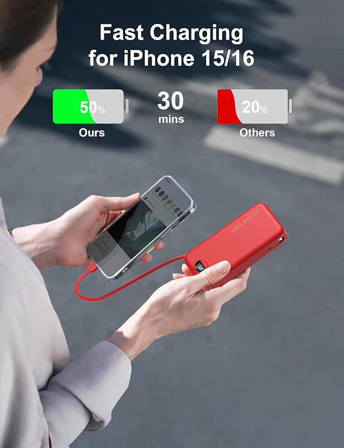 20000mAh Ultra-Portable-Charger-Power-Bank PD20W with Built in Cables&AC Wall Plug,Fast Charging Cell Phone Charger Battery Pack,LED Display Travel Battery Bank for All iPhone,Samsung,Android