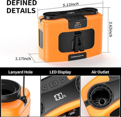 20000mAh Portable Waist Fan, Personal Fan Clip on with Rechargeable Battery operated, 40H Cooling,10 Speeds,16000RPM Hands-Free Belt Neck Fan for Outdoor Jobsite Gardening Camping Travel (Orange)