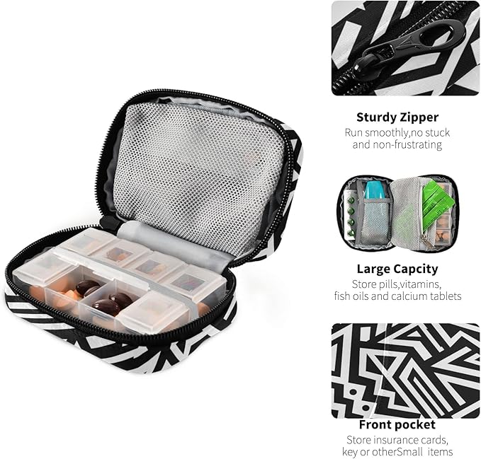 Black and White Geometry Pill Organizer Box Case Container Holder 7 Days Weekly Travel Cute Vitamin Dispenser Sorter Planner Storage Small Compact Men Women