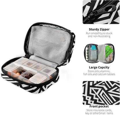 Black and White Geometry Pill Organizer Box Case Container Holder 7 Days Weekly Travel Cute Vitamin Dispenser Sorter Planner Storage Small Compact Men Women