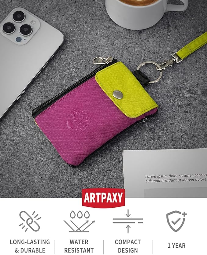 Minimalist Wallet For Mens Womens, Keychain RFID Blocking Zipper Small Wallet with ID Window 2 Lanyards,Water Resistant Travel Cash Card Coin Case Boys Girls