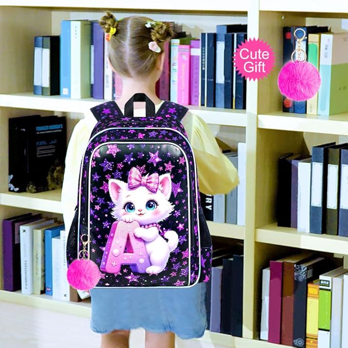 WZLVO 3PCS Girls Cat Backpack Set, 16" Glittery UV Printing Kids Bookbag/School Bag with Lunch Box & Pencil Bag for Preschool to Elementary - Cat Holding Letter A