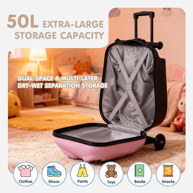 smilesun 4-in-1 Detachable Scooter Suitcase for Kids & Teens, 3D Owl/Dolphin Hardside Ride-On Luggage, Lightweight Foldable Design, Unique Travel Gift for Children(Pink Owl 22-inch)