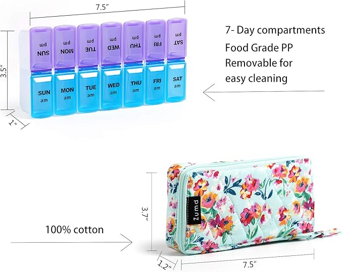 Weekly Pill Organizer 2 Times a Day, Zumd Pill Box 7 Day with Cute Quilted Fabric Zipper Case, Travel Pill Case Am Pm for Vitamin Medicine Organizer