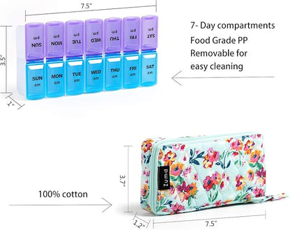 Weekly Pill Organizer 2 Times a Day, Zumd Pill Box 7 Day with Cute Quilted Fabric Zipper Case, Travel Pill Case Am Pm for Vitamin Medicine Organizer