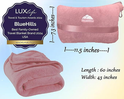 BlueHills 2 Pack Travel Blanket Pillow in Mini Soft Case Premium Plush Airplane Blankets Soft Bag Compact with Luggage Belt and Backpack Clip Small Traveling Pillows Lightweight Accessories - Pink M22