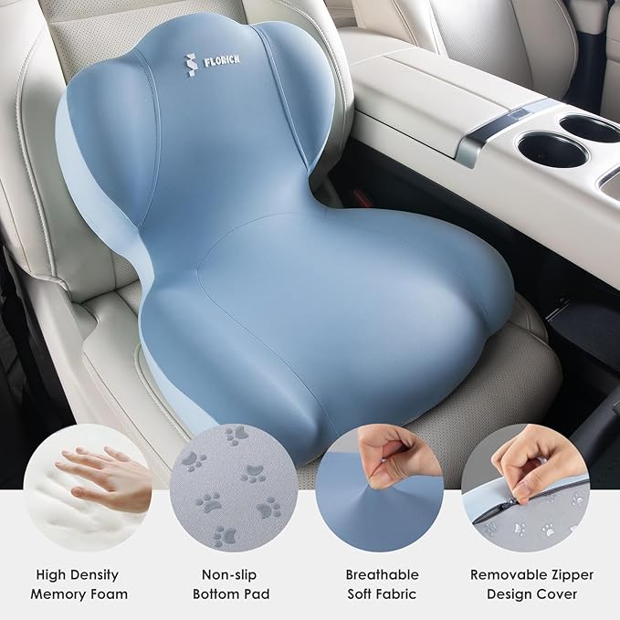 FLORICH Memory Foam Truck Seat Cushion,Car Seat Cushion and Lumbar Support Pillow for Office Chair, Ergonomic Back Support & Sciatica Relief for Long Drives(Blue)