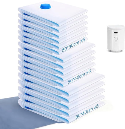 Owfeel 16 Pack Travel Vacuum Bags With Wireless Pump, Portable Compression Bags for Travel, Space Saver Vacuum Seal Bags for Clothing, Luggage, Pillows, Comforters, Reusable & Durable (16 PCS)