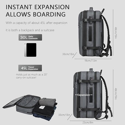 Vacuum Seal Travel Backpack 45L - Expandable Air Compression System, Water-Resistant, Carry-On Suitcase Luggage with TSA Lock Fits 18" Laptop - Vacuum Pump Included(Grey)