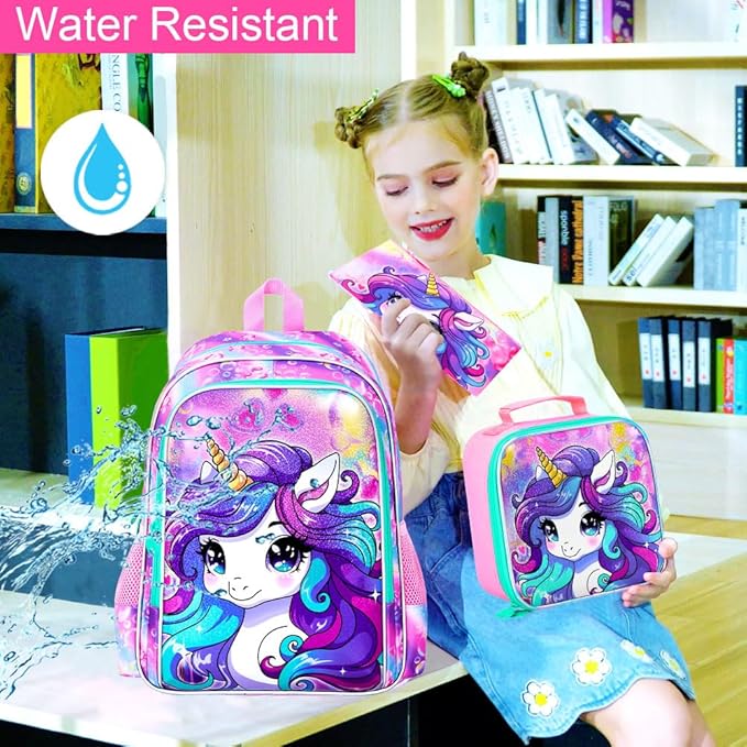 WZLVO 3PCS Unicorn Backpack for Girls, 16'' Kids Preschool Bookbag Set, Cute Water Resistant Kindergarten Elementary School Bag with Lunch Box