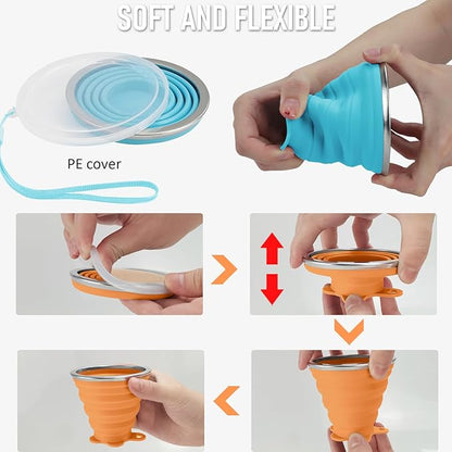 JBER Silicone Collapsible Travel Cup, 4 Pack Silicone Folding Camping Cup with Lids Expandable Drinking Cup Set BPA Free Reusable Portable Graduated for Outdoor Hiking Travel