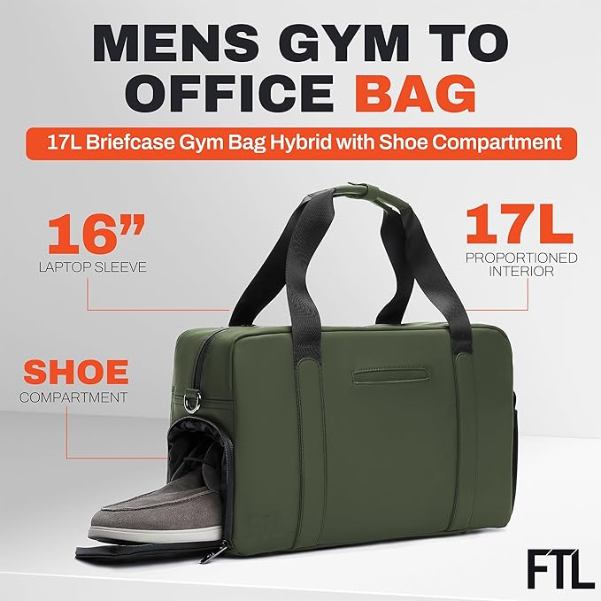 The FTL Lite Mens Gym to Office Bag - 17L Briefcase Gym Bag Hybrid with Shoe Compartment & 16" Laptop Sleeve - Executive Daily Carry & Overnight Duffel for Athletic Business Pros - Abbot Green