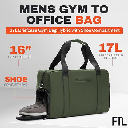 The FTL Lite Mens Gym to Office Bag - 17L Briefcase Gym Bag Hybrid with Shoe Compartment & 16" Laptop Sleeve - Executive Daily Carry & Overnight Duffel for Athletic Business Pros - Abbot Green
