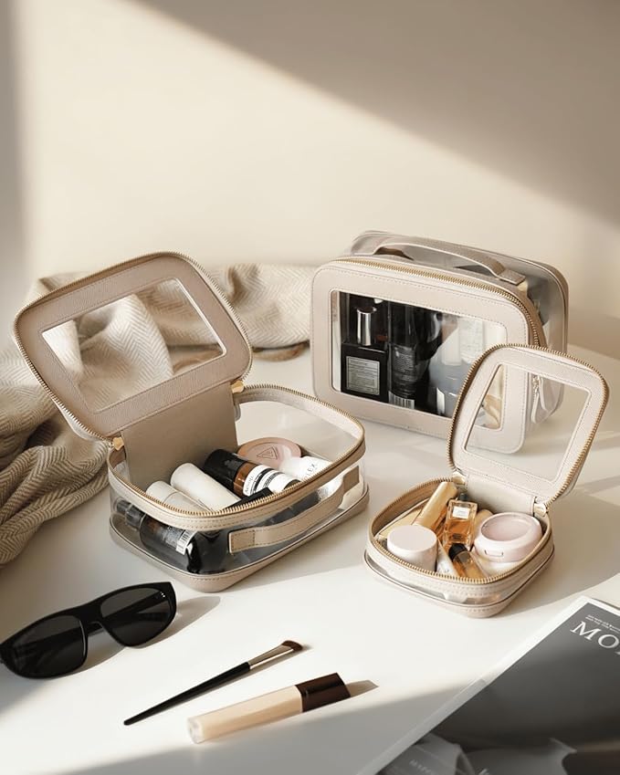 Clear Cosmetic Bag Set for Women Makeup Bag with Handle, 3 Pcs Travel Toiletry Bag Transparent Cosmetic Case Portable Make Up Organizer Bag for Essentials (Stone, Mini+S+L)