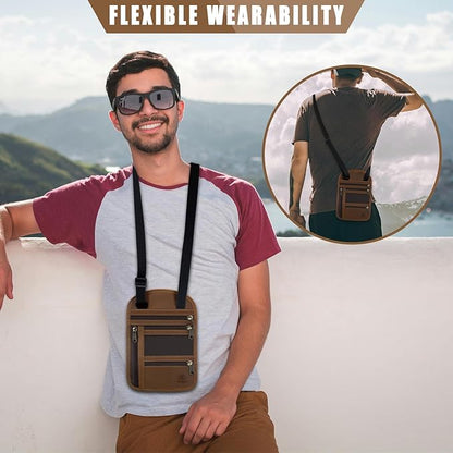 Ringsun Genuine Leather Passport Holder For Travel, RFID Blocking Slim Neck Wallet with Adjustable Strap for Women and Men, Travel Essentials to Keep Cash, Credit Cards and Documents Safe, Brown