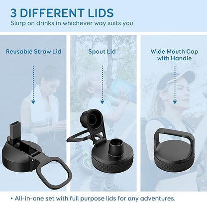 Coolflask Gallon Water Bottle Insulated with Straw&3 Lids, 128 oz Water Jug Large Stainless Steel Metal Vacuum Wide Mouth for Sports, Gym or Office, Non-BPA Keep Cold 48H Hot 24H, Magic Black