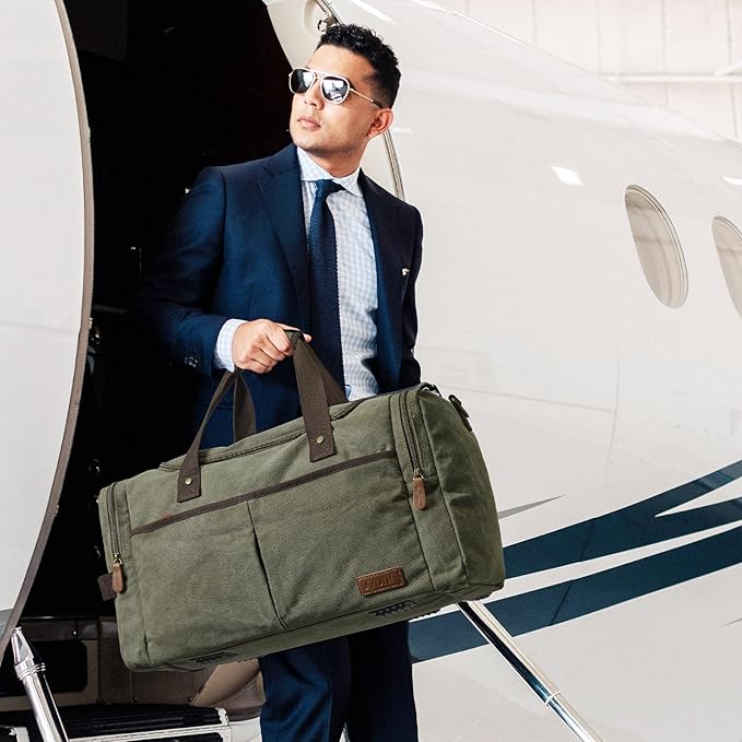 S-ZONE Large Canvas Travel Duffel Bag Weekend Overnight Bag with Shoes Compartment Holdall Gym Bag with Multi-Pockets for Men and Women, Army Green, X-Large
