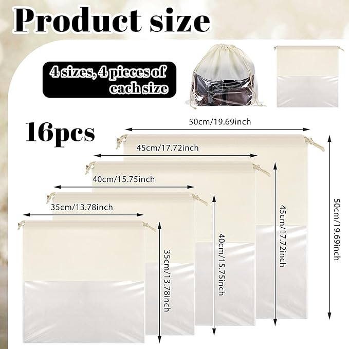 16 PCS Purse Dust Bags for Handbags Dustproof Drawstring Storage Bag with Clear Window, Non Woven Fabric Travel Shoe Storage Bag Beige Dust Cover Fabric Handbag Pouch Covers with Assorted Sizes