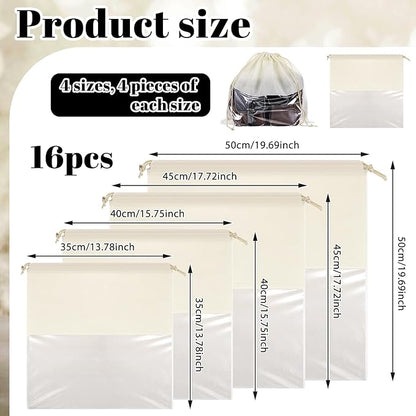 16 PCS Purse Dust Bags for Handbags Dustproof Drawstring Storage Bag with Clear Window, Non Woven Fabric Travel Shoe Storage Bag Beige Dust Cover Fabric Handbag Pouch Covers with Assorted Sizes