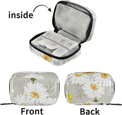 Pill Organizer Travel Weekly Small Cute Pill Box 7 Day Pill Case Vitamin Holder Pill Bottle Organizer Light Grey Daisy Floral