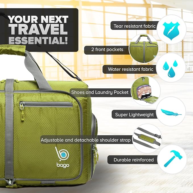 Bago Foldable Duffel Bags for Traveling Women & Men - 40L Sports Packable Duffle Bag for Travel with Shoe Compartment - Water Repellant, Heavy Duty, Lightweight Folding & Collapsible (Green)