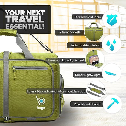Bago Foldable Duffel Bags for Traveling Women & Men - 40L Sports Packable Duffle Bag for Travel with Shoe Compartment - Water Repellant, Heavy Duty, Lightweight Folding & Collapsible (Green)