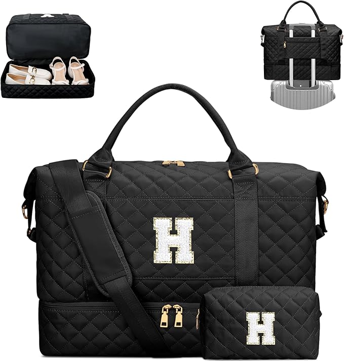 Gifts for Friend Women Girls Christmas Initial Travel Duffle Bag Quilted Weekender Bags Carry-On Overnight with Cosmetic Bag, Gym Bag with Shoe Compartment, Black H