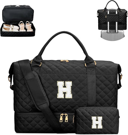 Gifts for Friend Women Girls Christmas Initial Travel Duffle Bag Quilted Weekender Bags Carry-On Overnight with Cosmetic Bag, Gym Bag with Shoe Compartment, Black H