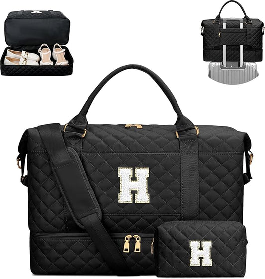 Gifts for Friend Women Girls Christmas Initial Travel Duffle Bag Quilted Weekender Bags Carry-On Overnight with Cosmetic Bag, Gym Bag with Shoe Compartment, Black H