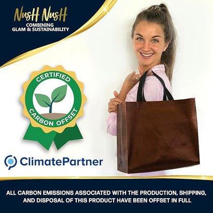 Nush Nush Chocolate Gift Bags Large Size – Set of 60 Reusable Shiny Brown Gift Bags With Handles- Metallic Party Favors Bags In Bulk For Small Business Use In Gifting Events, Birthdays - 13Wx5Dx11H