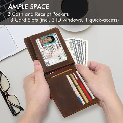 Full Grain Leather Wallet for Men, RFID Blocking, Mens Wallet Bifold with 2 ID Windows, Billfold with 13 Card Slots, Leather Gift for Men, American Flag Wallet Dark Brown