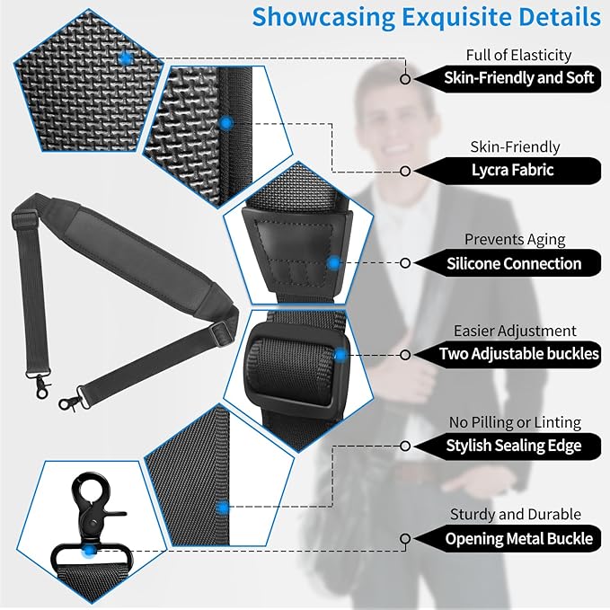 55" Universal Shoulder Strap, Neoprene Thick Padded Bag Strap with Double Adjustable Buckles and Metal Hooks, Ideal for Briefcases, Computer Satchels, Crossbody Bags, Luggage(Supple)