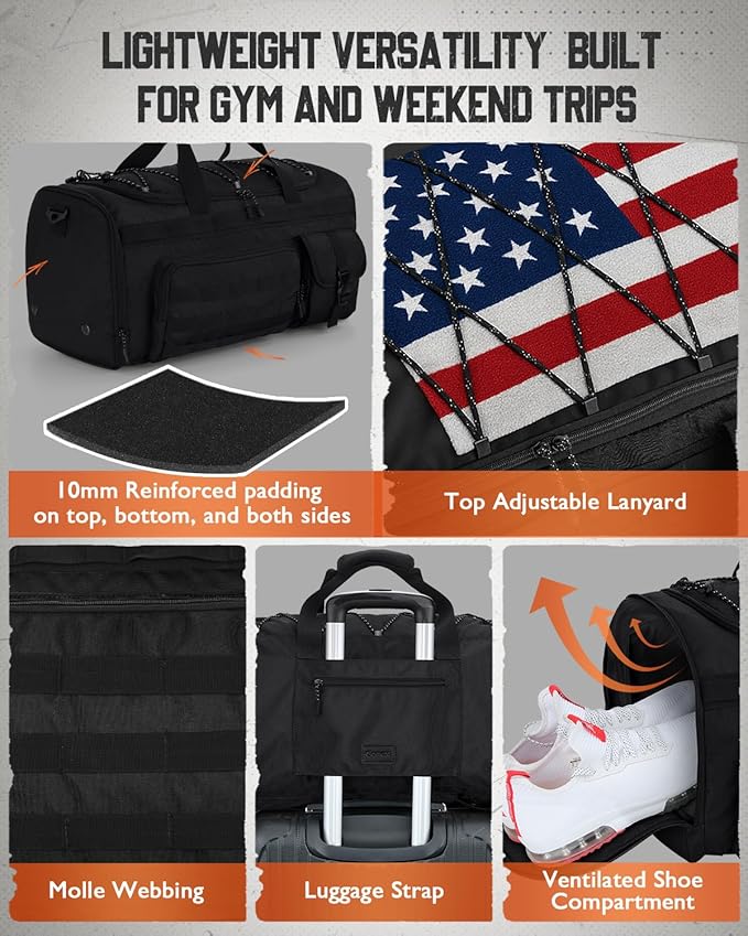 Gonex 45L Duffel Bag for Men, 3 in 1 Convertible Carry Gym Duffle with Shoe Compartment, Tactical Gear Loops, Water-Repellent Lining, Workout & Travel Bag (Black)