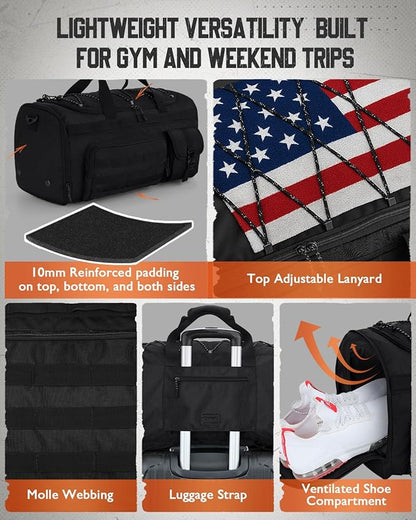 Gonex 45L Duffel Bag for Men, 3 in 1 Convertible Carry Gym Duffle with Shoe Compartment, Tactical Gear Loops, Water-Repellent Lining, Workout & Travel Bag (Black)