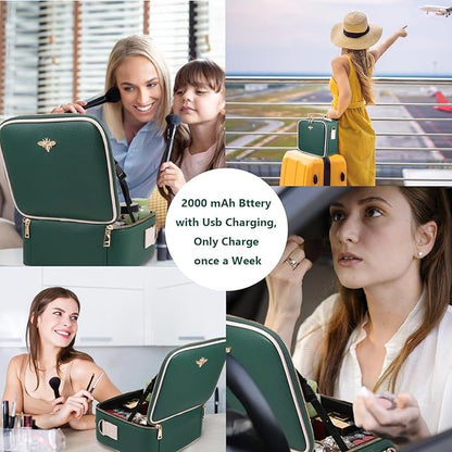 Travel Makeup Bag with Mirror of LED Lighted, Rechargeable Cosmetic Train Case Artist Makeup Organizer for Women with Adjustable Dividers, Makeup Brushes Holder and Strap (Green)