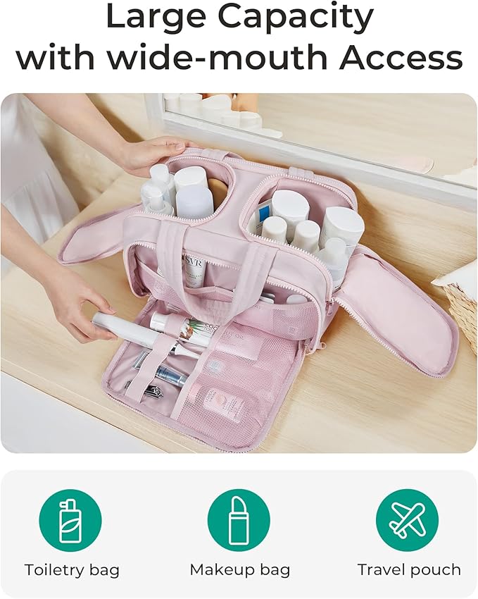 BAGSMART Travel Toiletry Bag, Crush Toiletry Bag for Women, Wide-open Puffy Toiletry Bags for Traveling, Large Travel Cosmetic Makeup Bag Organizer for Accessories,Toiletrie, Pink