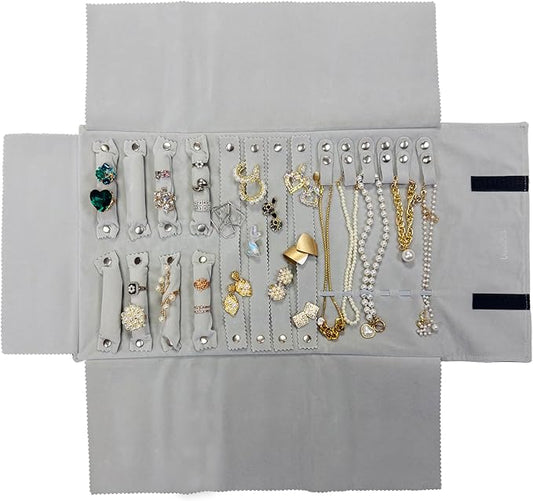 UnionPlus Velvet Travel Jewelry Roll Bag Organizer for Necklaces Bracelets Earrings Rings, Black and Grey