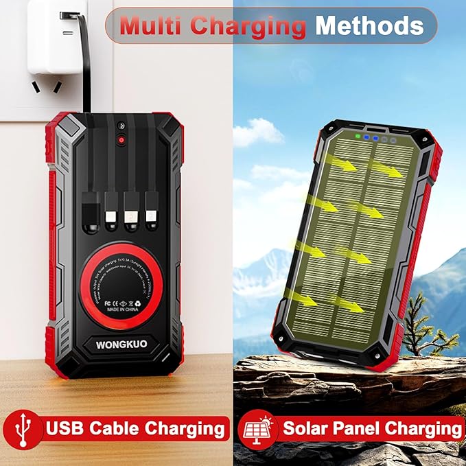 WONGKUO Solar Charger Power Bank - 49800mAh Solar Phone Charger with USB-C in/Output, QC 3.0 Fast Charging with LED Flashlight, Built-in 4 Cables, IP65 Waterproof Fits for Outdoor (Brilliant Red)