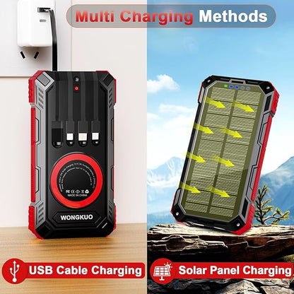 WONGKUO Solar Charger Power Bank - 49800mAh Solar Phone Charger with USB-C in/Output, QC 3.0 Fast Charging with LED Flashlight, Built-in 4 Cables, IP65 Waterproof Fits for Outdoor (Brilliant Red)