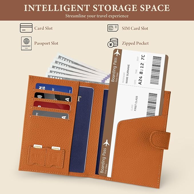 Genuine Leather Passport Holder for Women Men, Hidden Airtag Pocket, RFID Blocking, Zippered Coins Pocket & Cash Compartment Travel Gifts Essentials Passport Cover Case - Yellowish-brown
