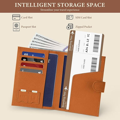 Genuine Leather Passport Holder for Women Men, Hidden Airtag Pocket, RFID Blocking, Zippered Coins Pocket & Cash Compartment Travel Gifts Essentials Passport Cover Case - Yellowish-brown