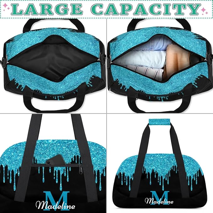 Personalized Kids Sports Duffel Bag with Name Custom Weekender Overnight Bag for Boys Girls Gym Bag Travel Dance Gymnastics Duffel Bag, Blue Shiny