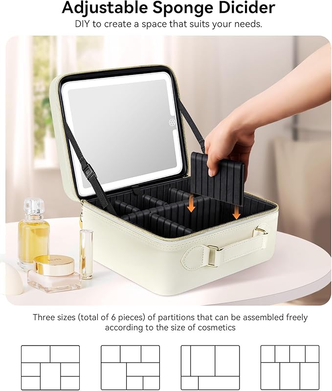 JUSRON Travel Makeup Bag With LED Mirror, Cosmetic Train Case with Light up Mirror, Portable Makeup Artist Organizer Bag with Adjustable Dividers, Makeup Brush Holder Storage (White, Large)