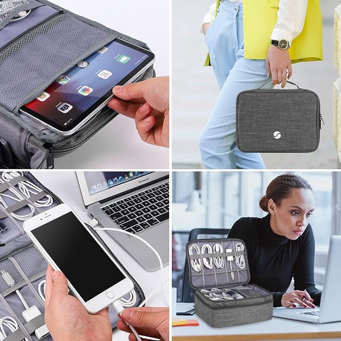 ORIENT FAMULAY Travel Organizer, Waterproof Cable Bag for Electronic Accessories Double Layer Large Shockproof Storage Bag for Cord, Hard Disk, Power Bank, Tablet -Gray