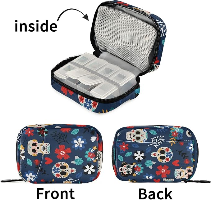 Travel Pill Organizer Weekly Small Pill Box 7 Day Pill Case Vitamin Holder Pill Bottle Organizer Cute Skull