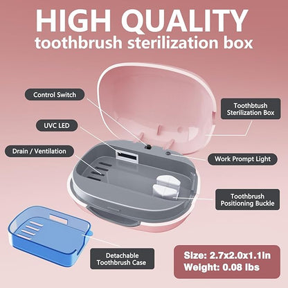 Toothbrush Covers Case San itizer and Holder with Light,Toothbrush Covers with Holder, Rechargeable Portable Toothbrush Cleaner Case（Pink）